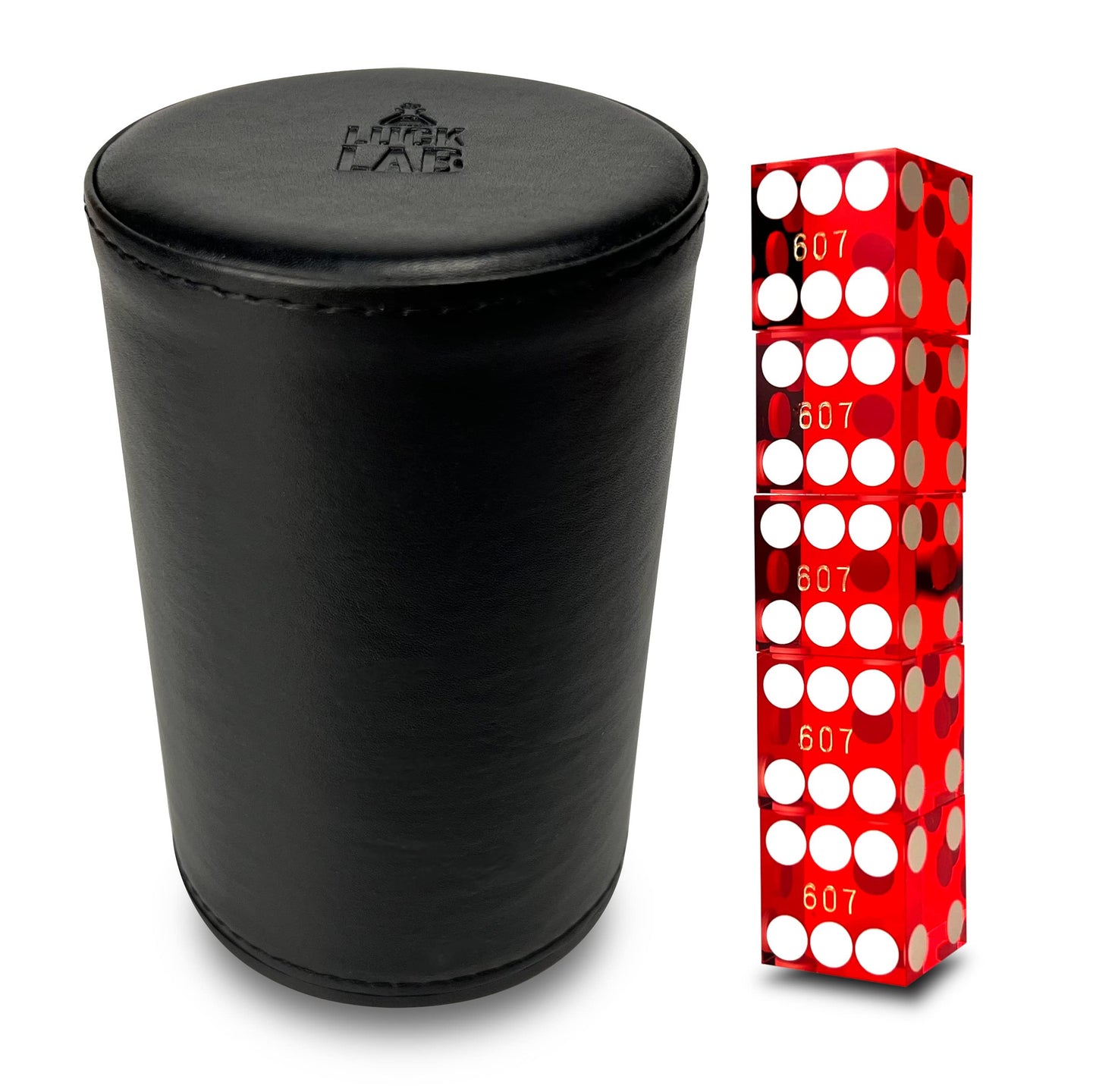 Luck Lab Black Leather Dice Stacking Cup with 5 Serialized Razor Edge 19mm Dice – Pro Straight Cup for Stacking & Magic Tricks (Red Dice)