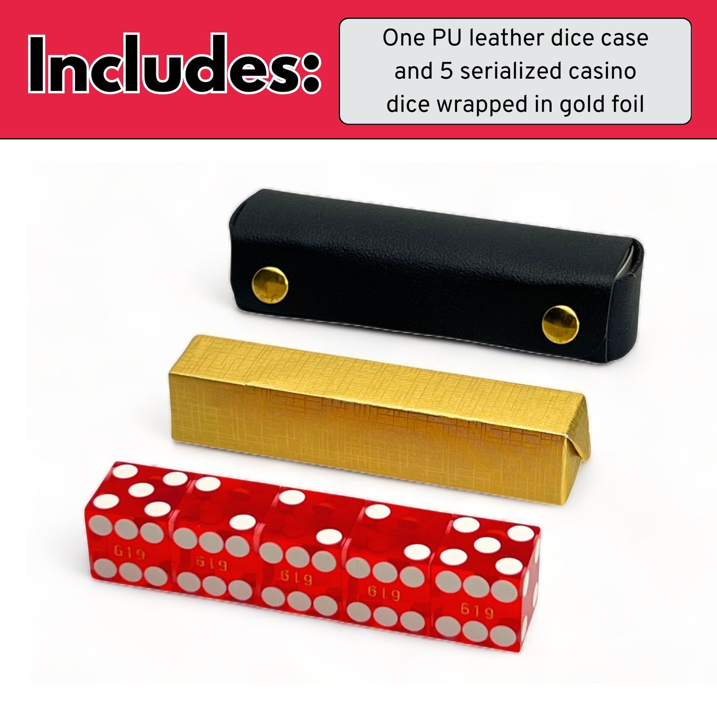 Luck Lab Grade AAA 19mm Casino Dice – Razor Edges, Serialized Set of 5, Leather Case (Red)