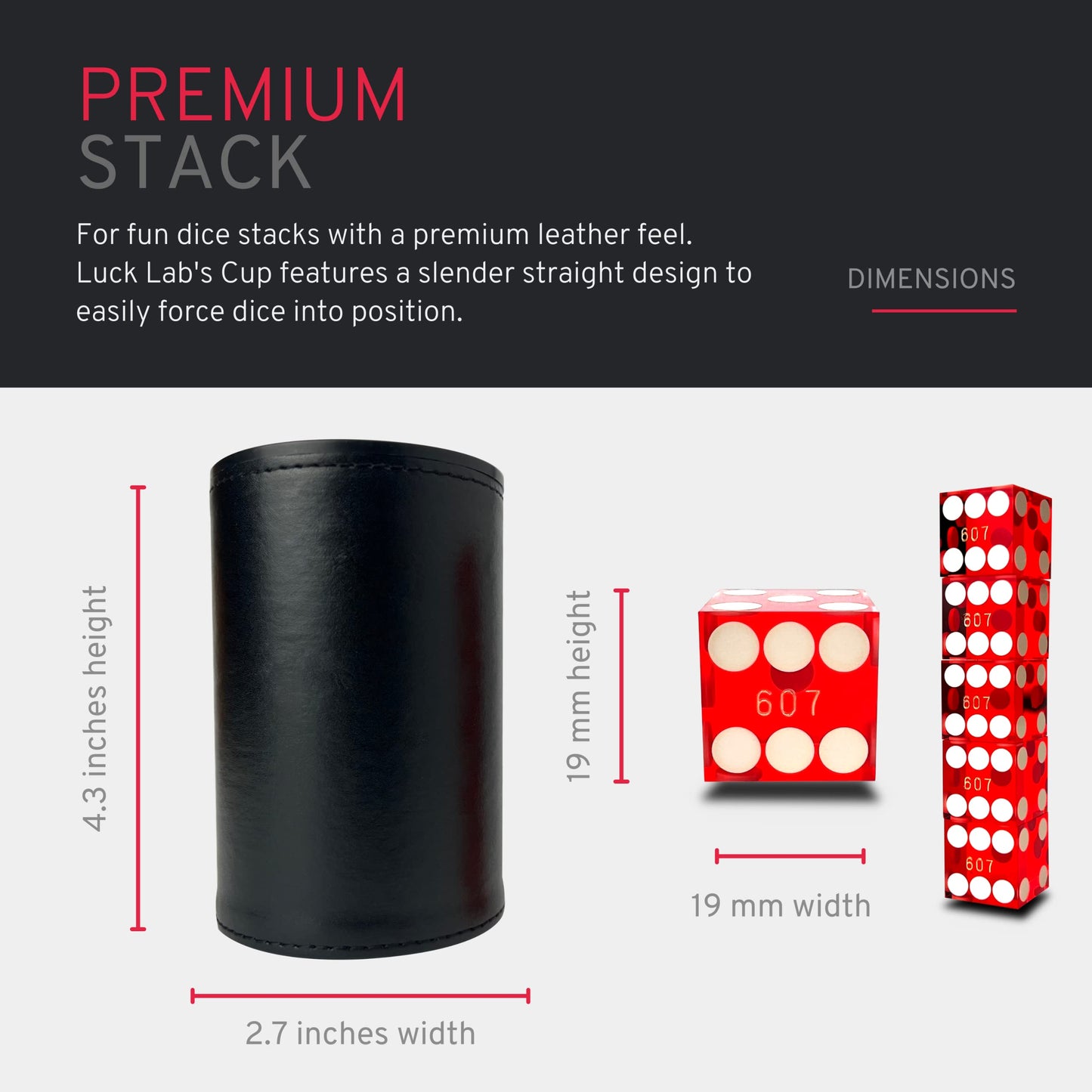 Luck Lab Black Leather Dice Stacking Cup with 5 Serialized Razor Edge 19mm Dice – Pro Straight Cup for Stacking & Magic Tricks (Red Dice)