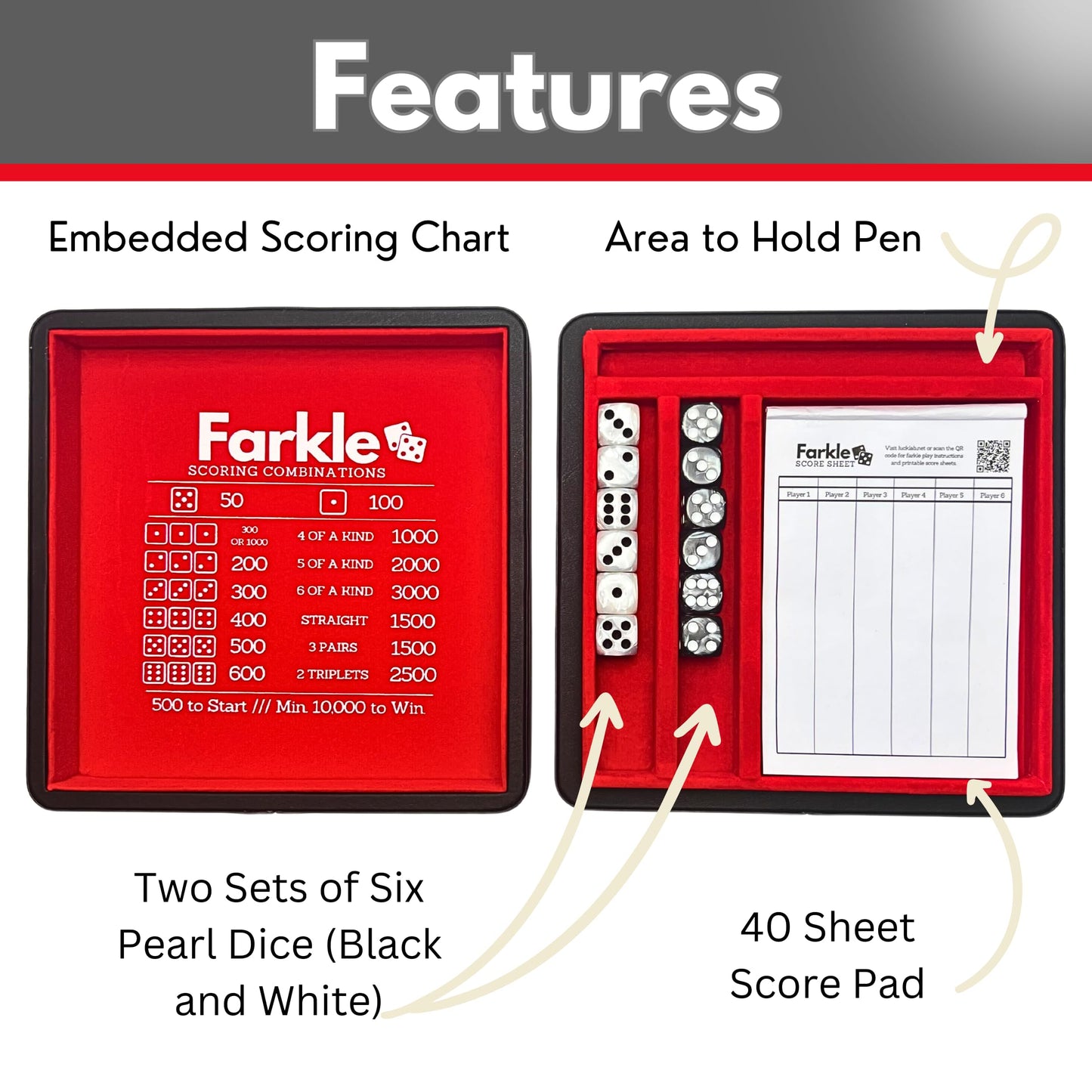 Luck Lab Farkle Dice Tray & Storage Case – 2 Pearl Dice, 40-Page Score Pad (Red)