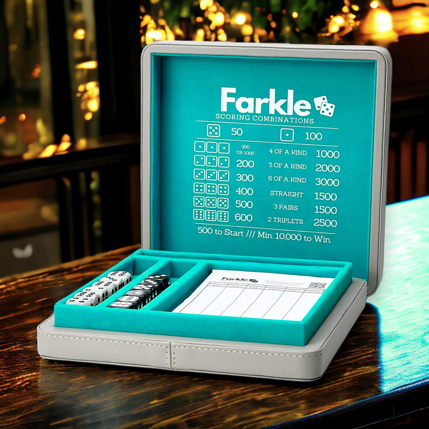 Luck Lab Farkle Dice Tray & Storage Case – 2 Pearl Dice, 40-Page Score Pad, Grey & Turquoise
