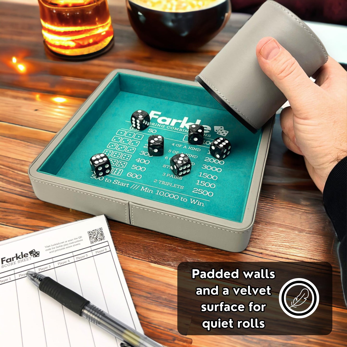 Luck Lab Farkle Dice Tray & Storage Case – 2 Pearl Dice, 40-Page Score Pad, Grey & Turquoise