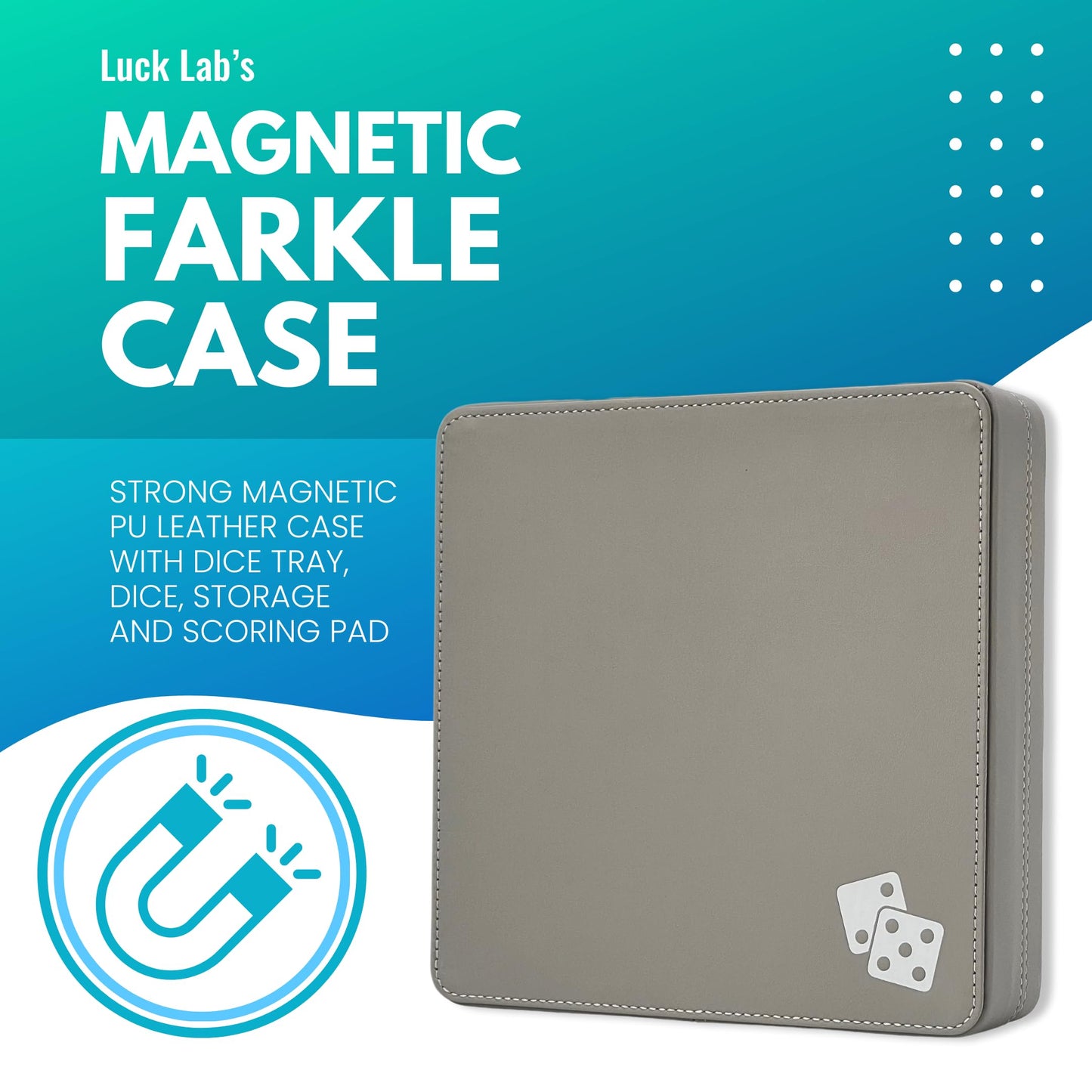 Luck Lab Farkle Dice Tray & Storage Case – 2 Pearl Dice, 40-Page Score Pad, Grey & Turquoise