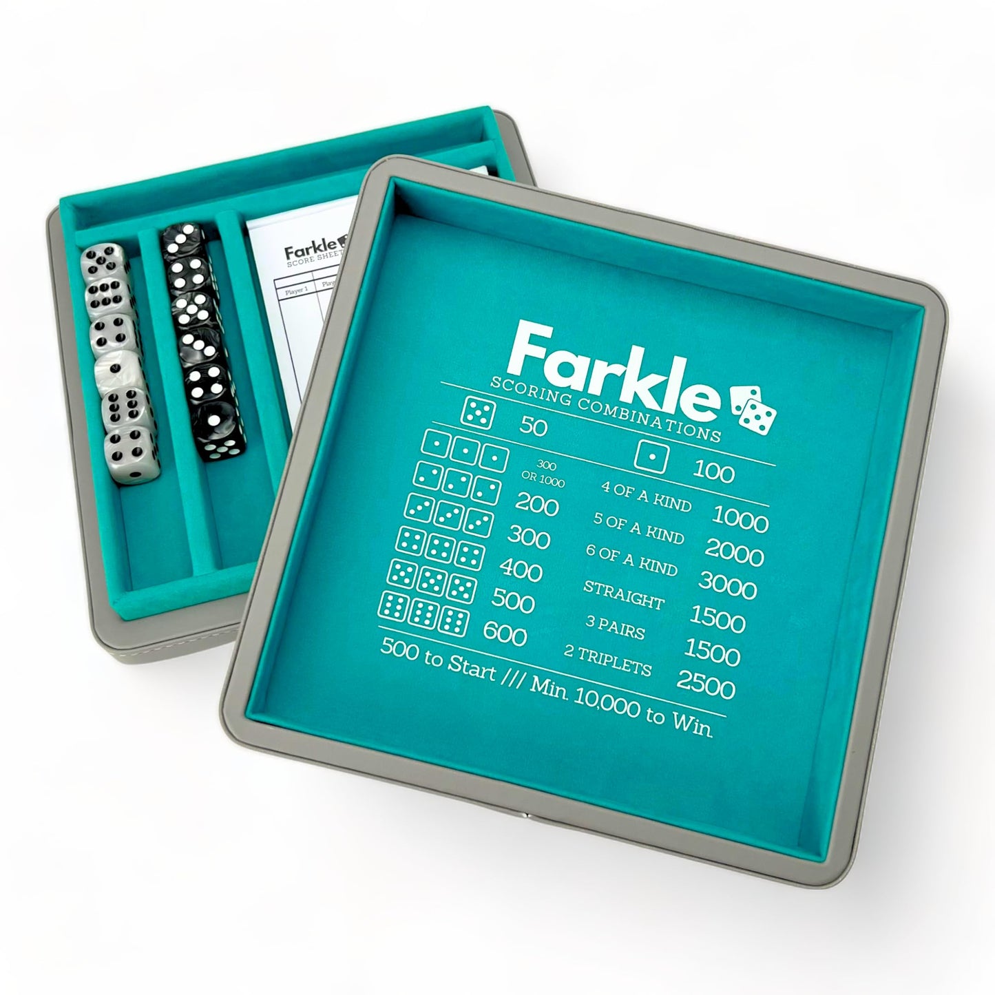 Luck Lab Farkle Dice Tray & Storage Case – 2 Pearl Dice, 40-Page Score Pad, Grey & Turquoise