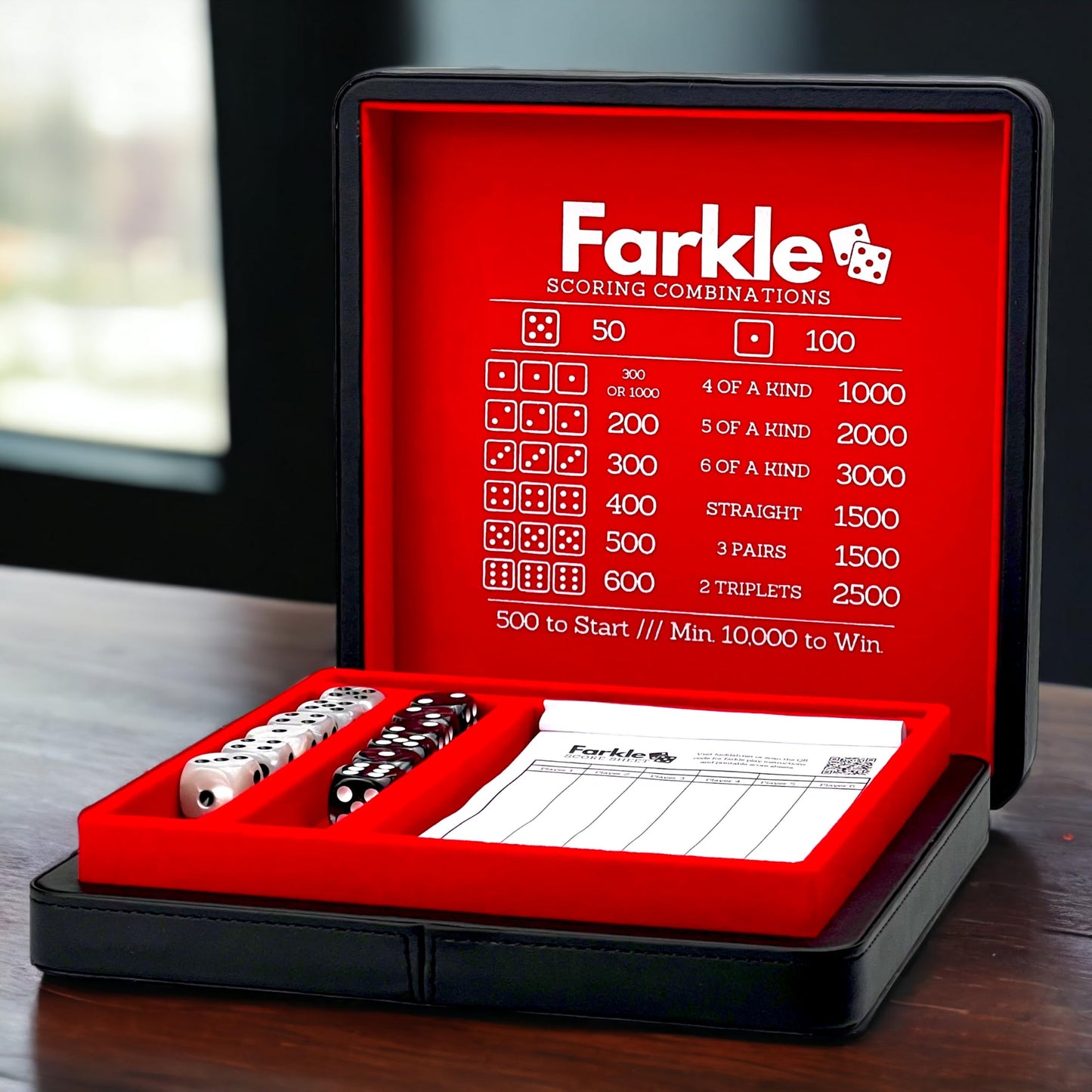 Luck Lab Farkle Dice Tray & Storage Case – 2 Pearl Dice, 40-Page Score Pad (Red)
