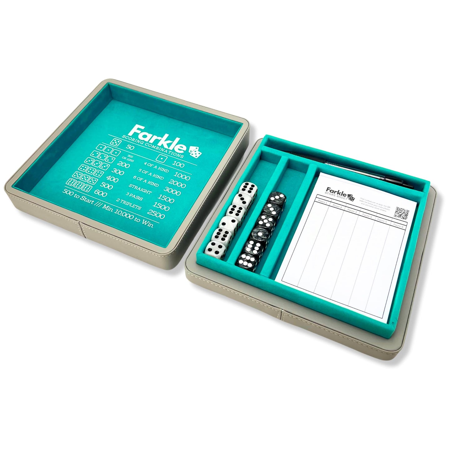 Luck Lab Farkle Dice Tray & Storage Case – 2 Pearl Dice, 40-Page Score Pad, Grey & Turquoise