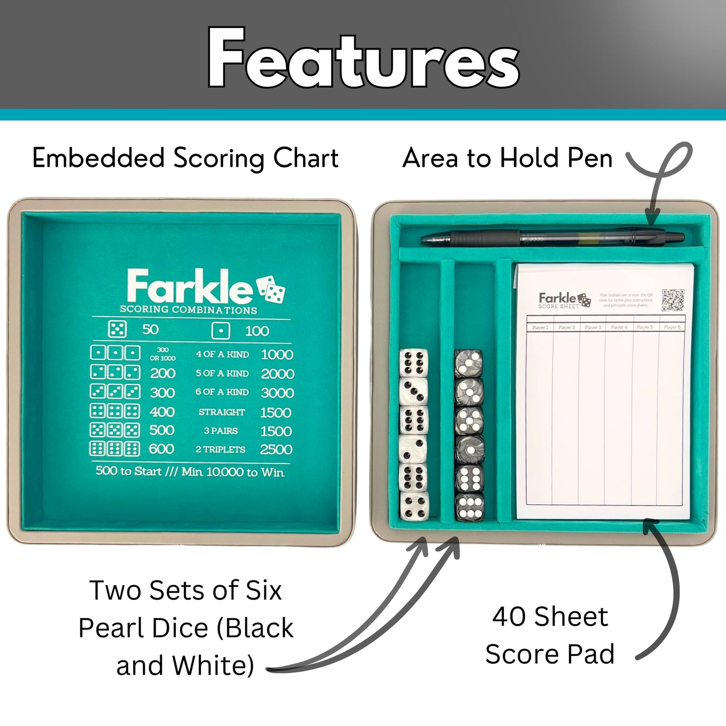 Luck Lab Farkle Dice Tray & Storage Case – 2 Pearl Dice, 40-Page Score Pad, Grey & Turquoise