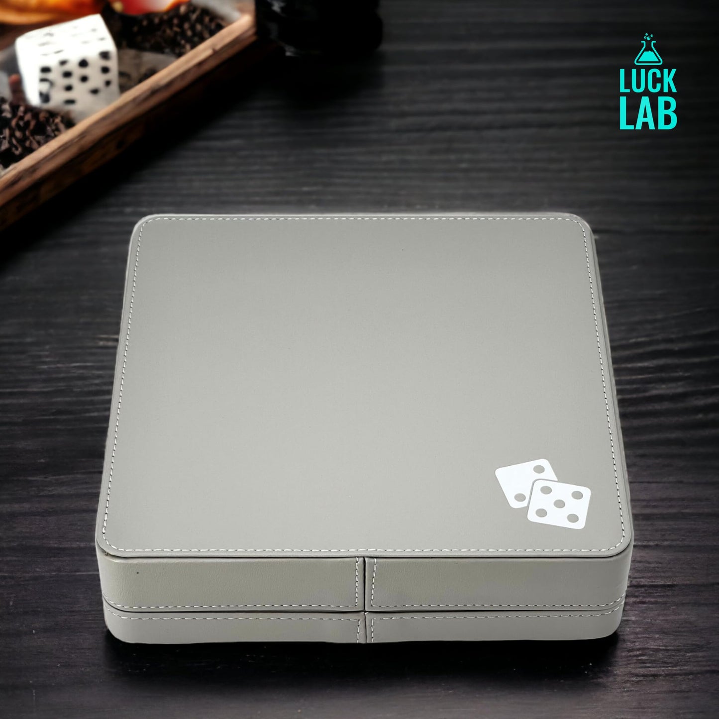 Luck Lab Farkle Dice Tray & Storage Case – 2 Pearl Dice, 40-Page Score Pad, Grey & Turquoise