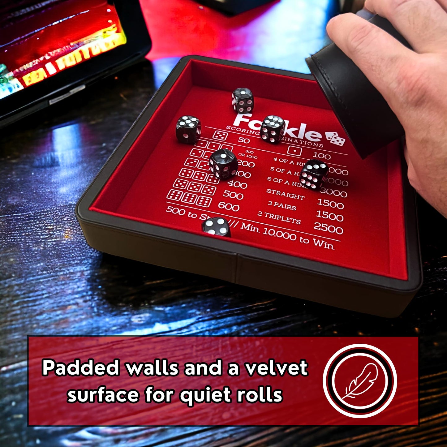 Luck Lab Farkle Dice Tray & Storage Case – 2 Pearl Dice, 40-Page Score Pad (Red)