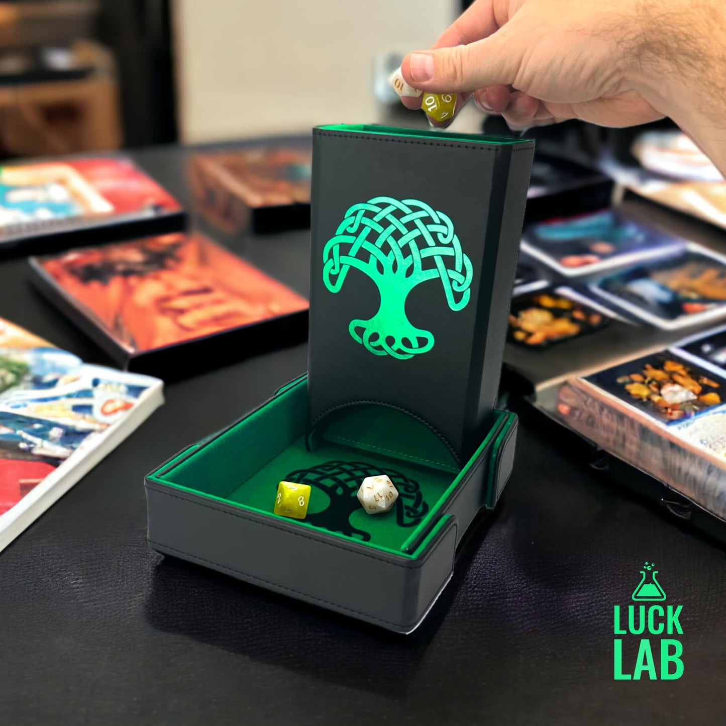 Luck Lab Folding Dice Tower and Tray for RPG Tabletop – Black/Green, Tree of Life Design