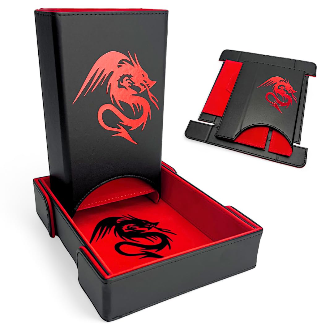 Luck Lab Folding Dice Tower & Tray - Dragon Design (Black/Red) | RPG Tabletop