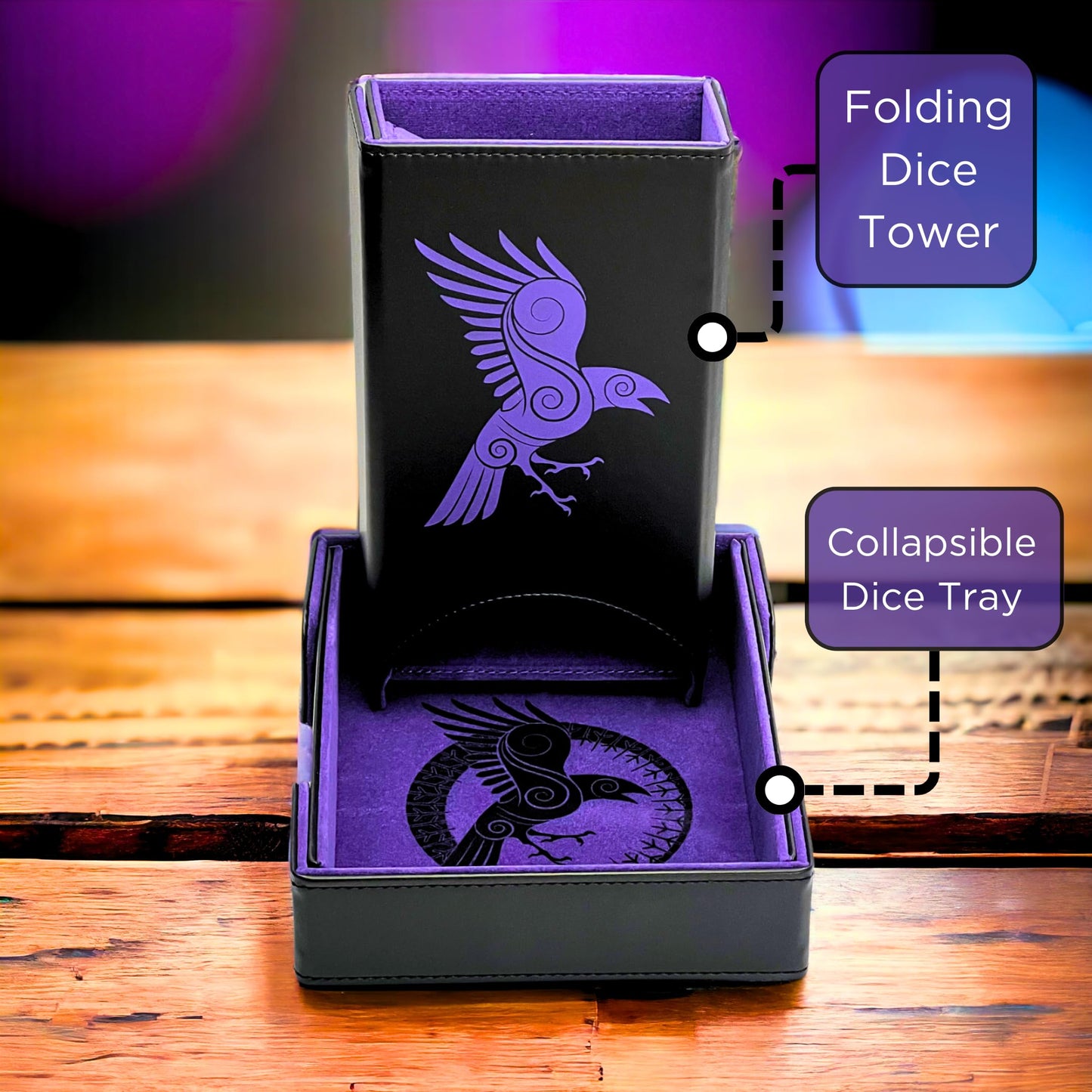 Luck Lab Folding Dice Tower & Tray for RPG Tabletop — Raven Design, Black and Purple