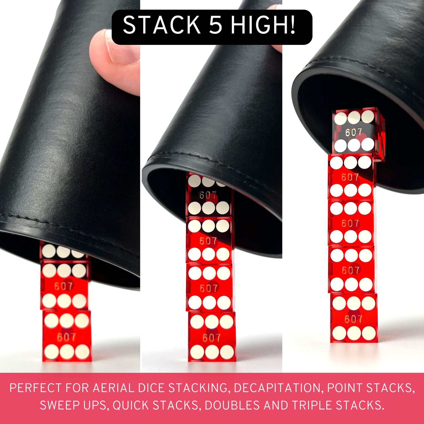 Luck Lab Black Leather Dice Stacking Cup with 5 Serialized Razor Edge 19mm Dice – Pro Straight Cup for Stacking & Magic Tricks (Red Dice)