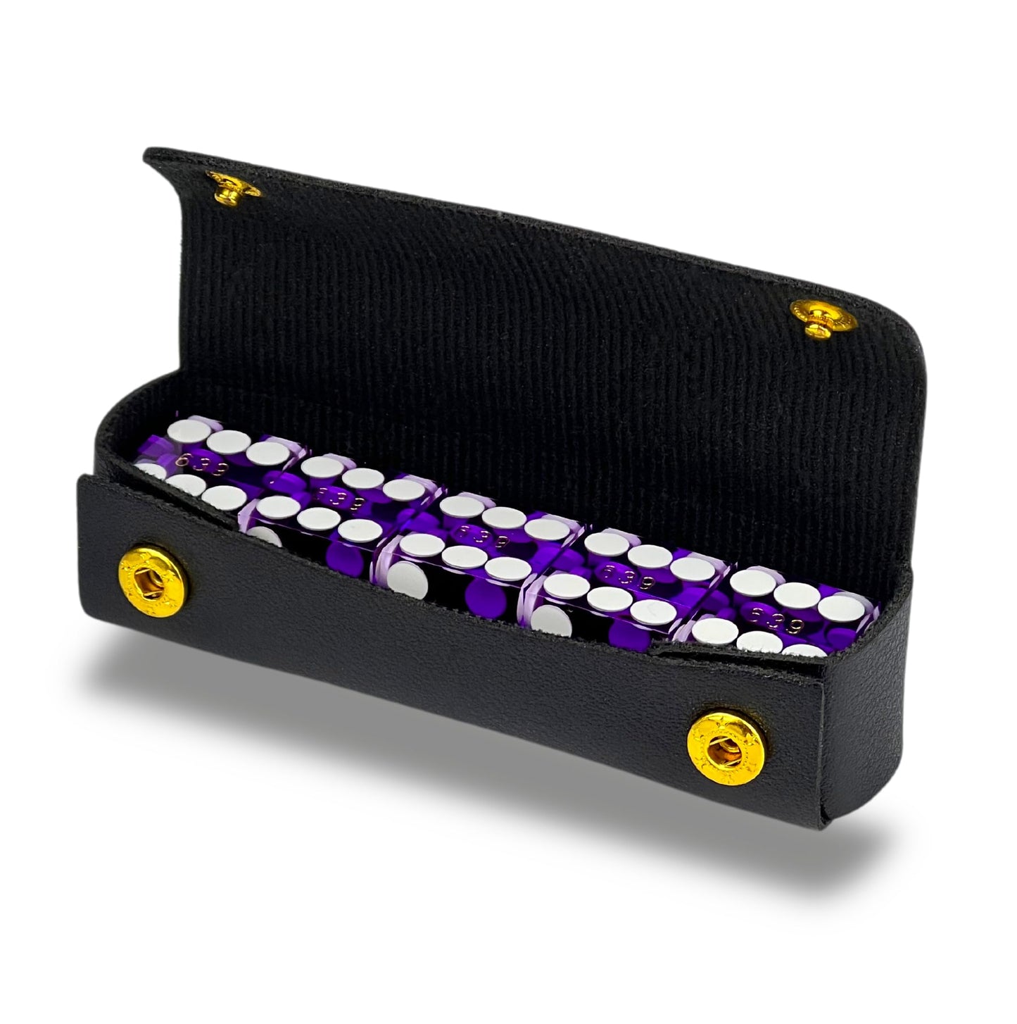 Luck Lab Grade AAA 19mm Casino Dice with Razor Edges and Matching Serial Numbers - 5-pack + Leather Case (Purple)