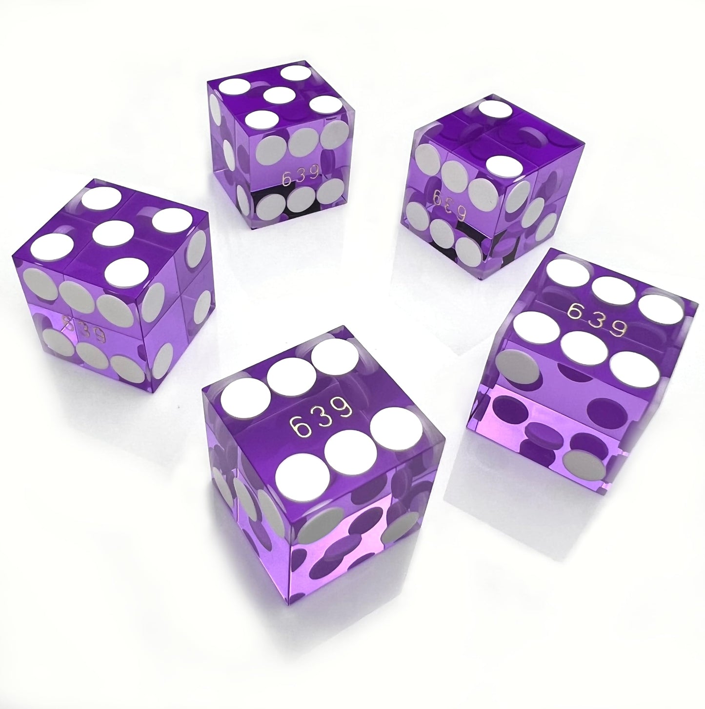 Luck Lab Grade AAA 19mm Casino Dice with Razor Edges and Matching Serial Numbers - 5-pack + Leather Case (Purple)