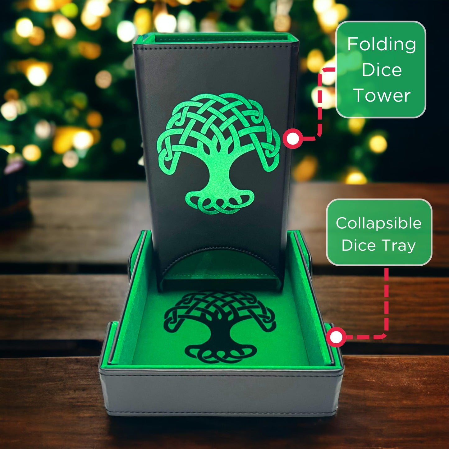 Luck Lab Folding Dice Tower and Tray for RPG Tabletop – Black/Green, Tree of Life Design
