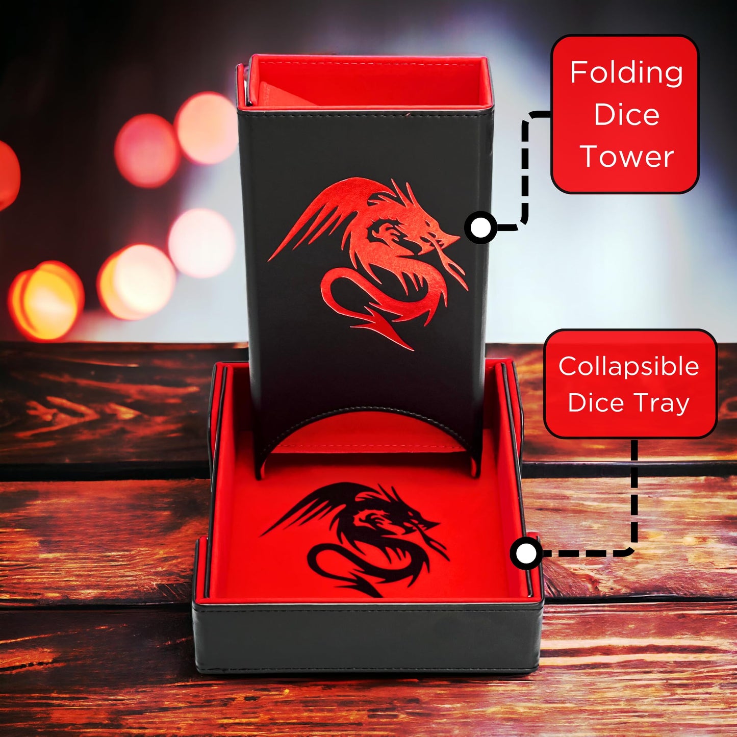 Luck Lab Folding Dice Tower & Tray - Dragon Design (Black/Red) | RPG Tabletop