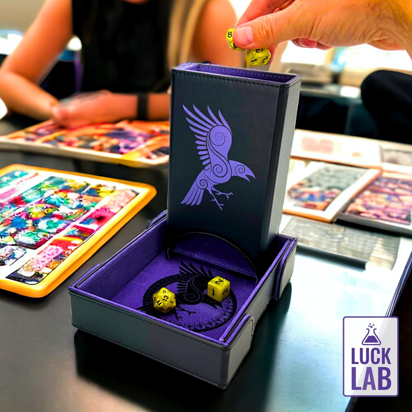 Luck Lab Folding Dice Tower & Tray for RPG Tabletop — Raven Design, Black and Purple
