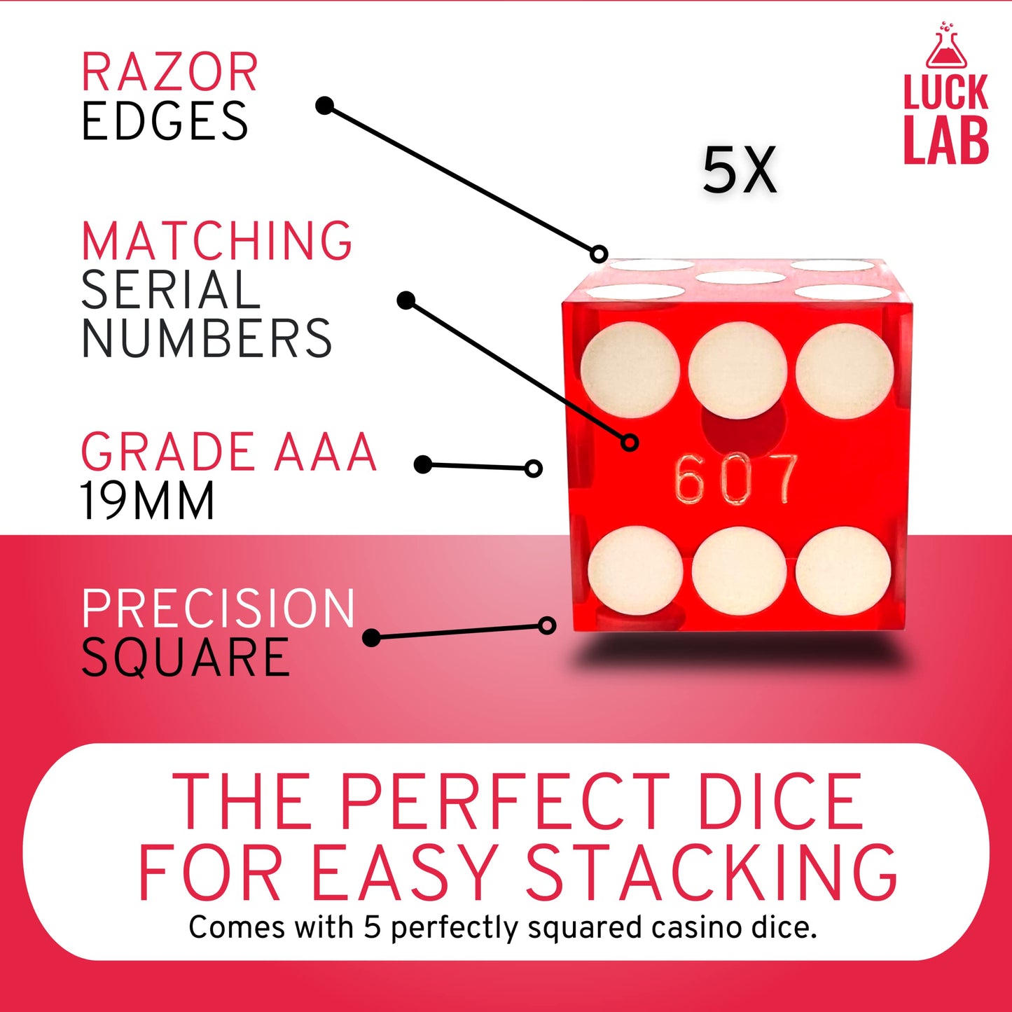 Luck Lab Black Leather Dice Stacking Cup with 5 Serialized Razor Edge 19mm Dice – Pro Straight Cup for Stacking & Magic Tricks (Red Dice)