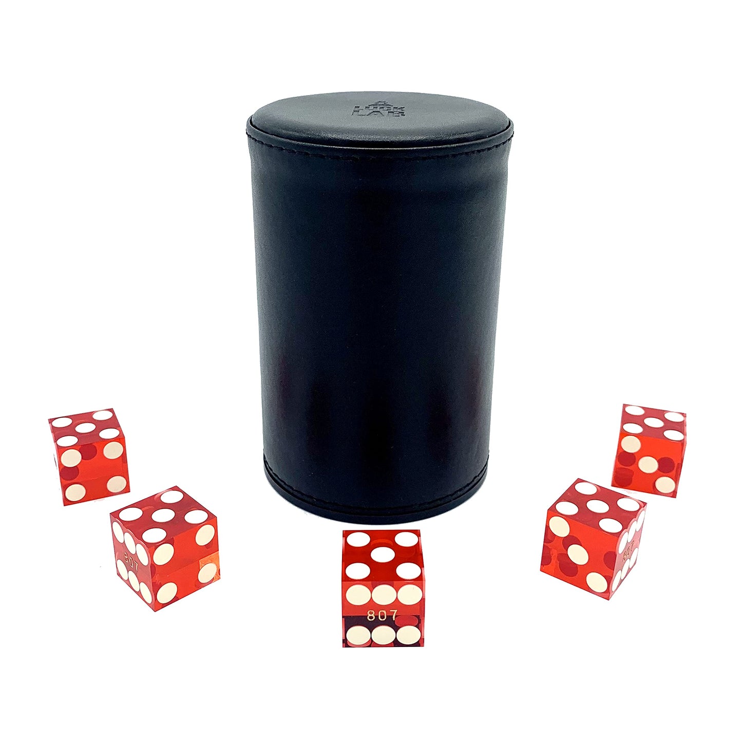 Luck Lab Black Leather Dice Stacking Cup with 5 Serialized Razor Edge 19mm Dice – Pro Straight Cup for Stacking & Magic Tricks (Red Dice)