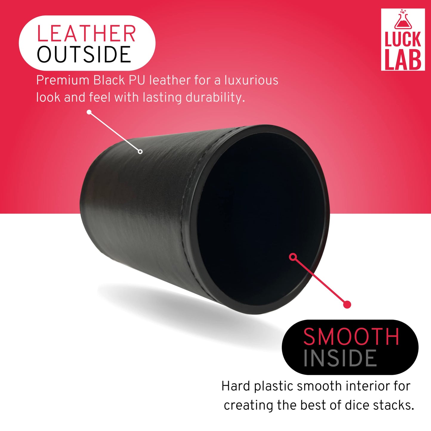 Luck Lab Black Leather Dice Stacking Cup with 5 Serialized Razor Edge 19mm Dice – Pro Straight Cup for Stacking & Magic Tricks (Red Dice)