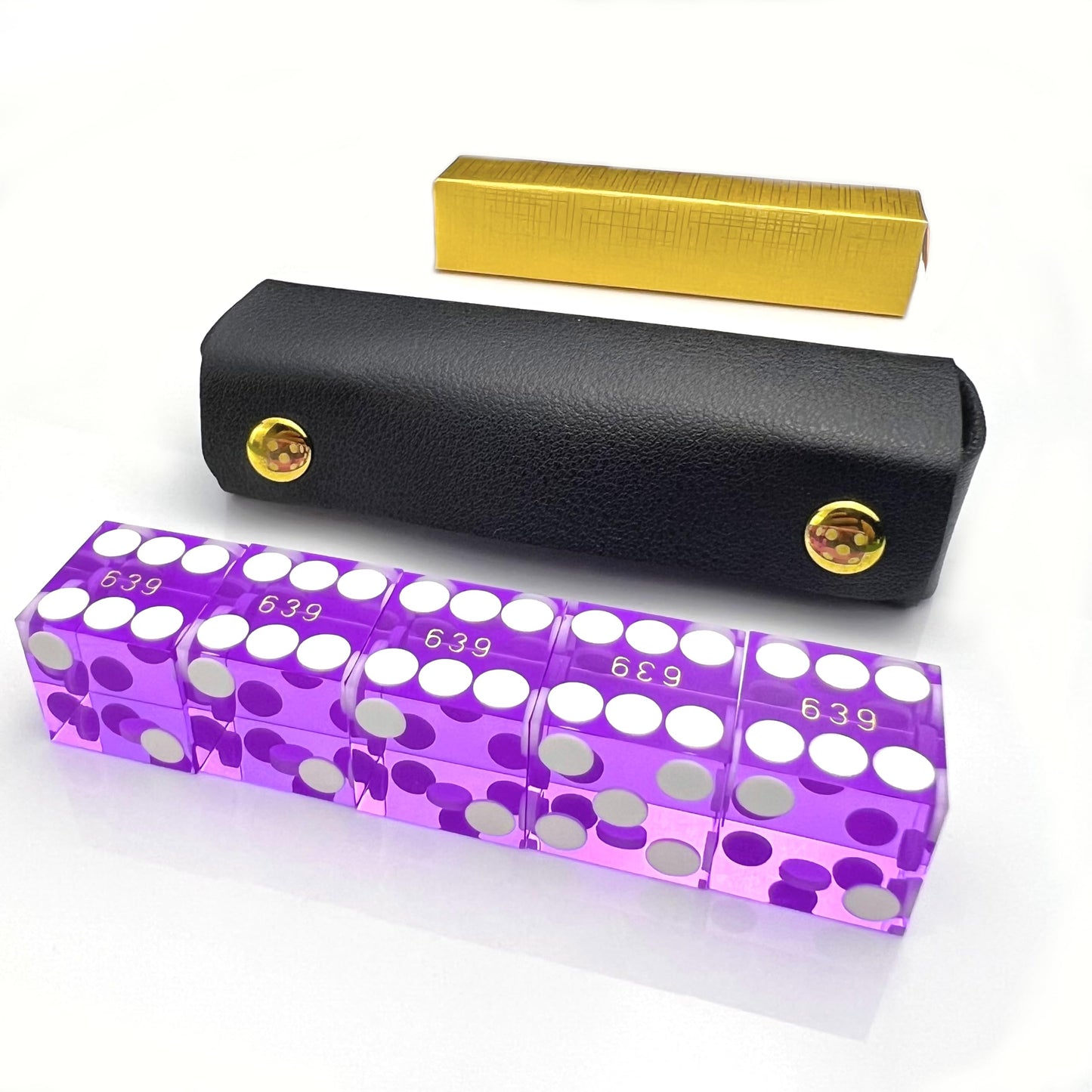 Luck Lab Grade AAA 19mm Casino Dice with Razor Edges and Matching Serial Numbers - 5-pack + Leather Case (Purple)