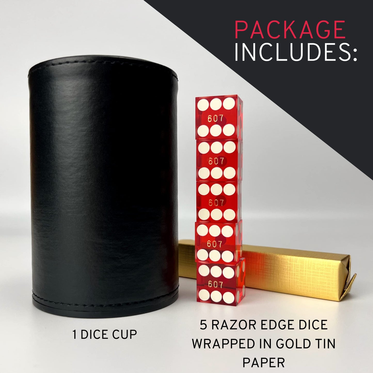 Luck Lab Black Leather Dice Stacking Cup with 5 Serialized Razor Edge 19mm Dice – Pro Straight Cup for Stacking & Magic Tricks (Red Dice)