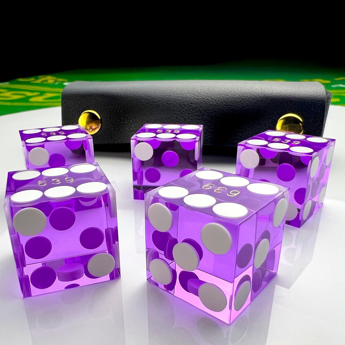 Luck Lab Grade AAA 19mm Casino Dice with Razor Edges and Matching Serial Numbers - 5-pack + Leather Case (Purple)