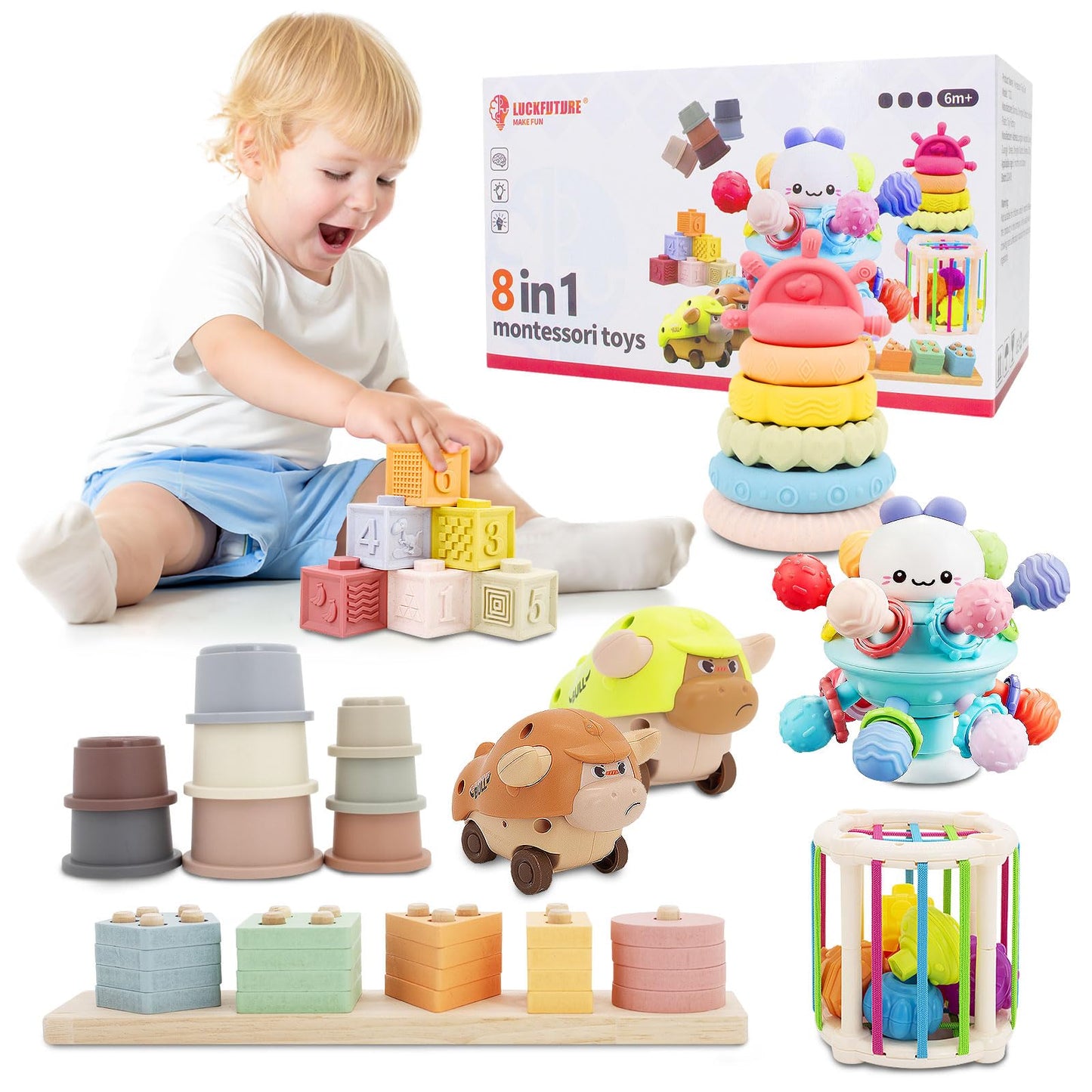 LUCKFUTURE Baby Toys 6–18 Months | 8-in-1 Montessori Toy Set for Sensory Learning