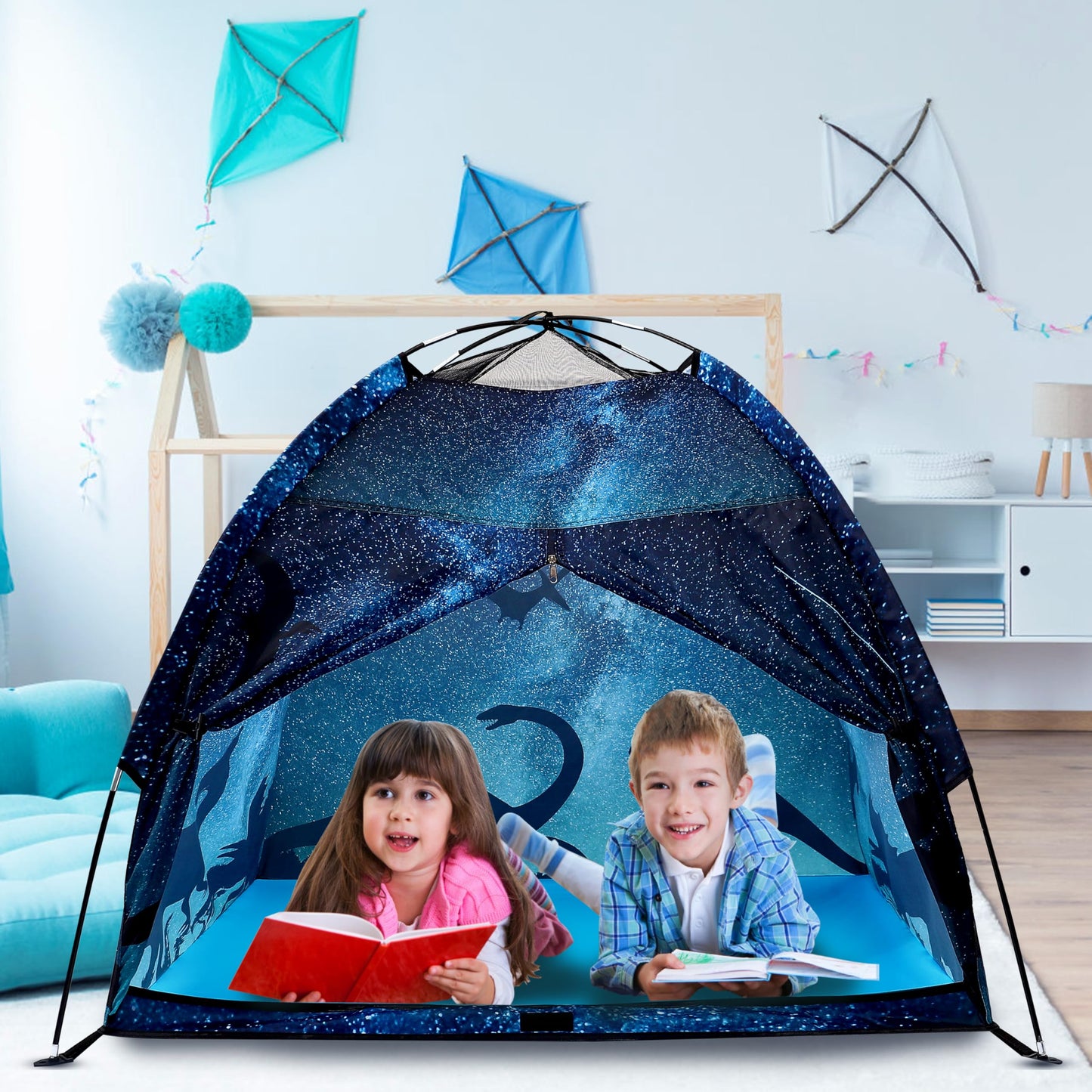 Lucky Castle Kids Play Tent - Easy Pop Up Dome Playhouse for Indoor & Outdoor Fun (Black Dinosaur)