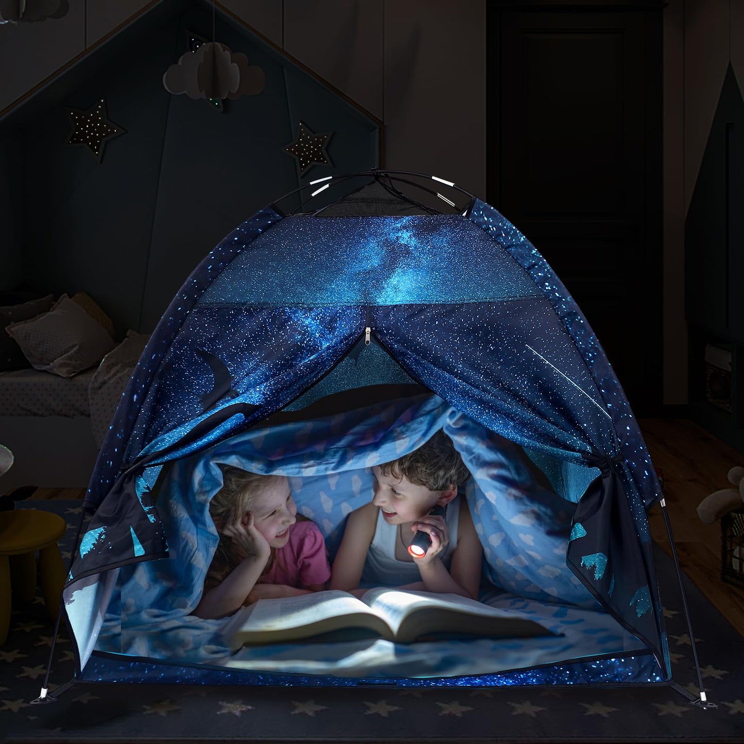 Lucky Castle Kids Play Tent - Easy Pop Up Dome Playhouse for Indoor & Outdoor Fun (Black Dinosaur)