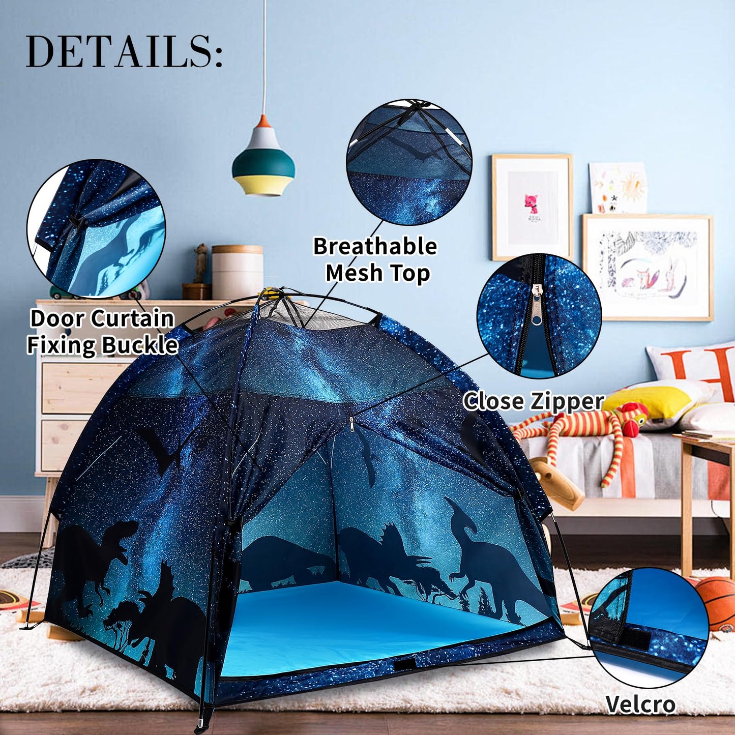 Lucky Castle Kids Play Tent - Easy Pop Up Dome Playhouse for Indoor & Outdoor Fun (Black Dinosaur)