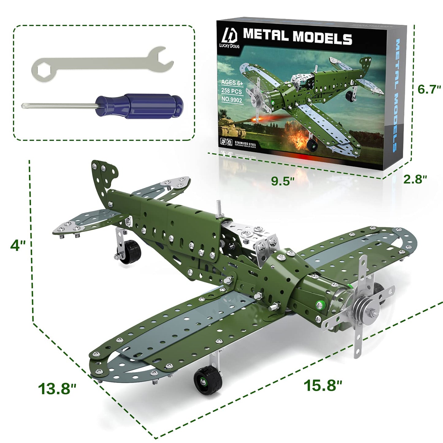 Lucky Doug Building Toys Model Airplane Set – 258-Piece Metal STEM Kit for Ages 8-12