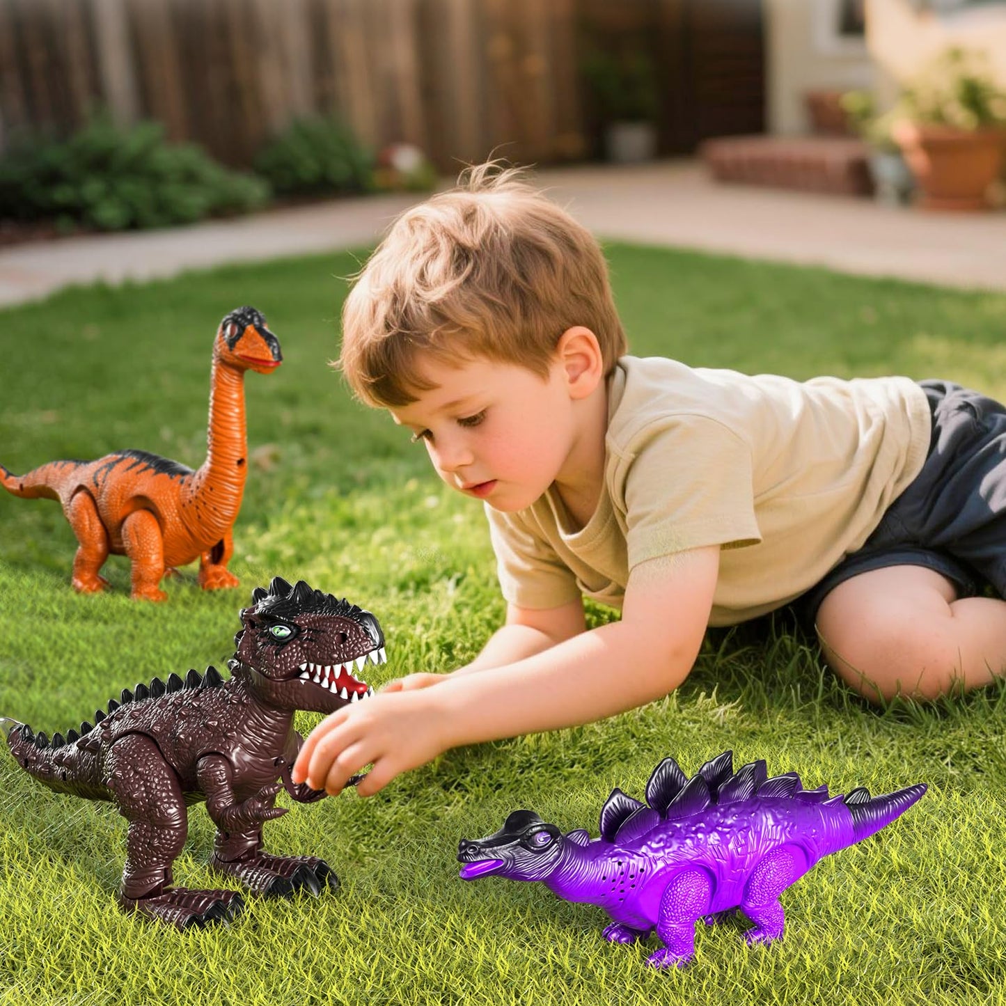 Lucky Doug 3 Pack Electric Realistic Dinosaur Toys with Simulated Sounds & Lights – Ideal Gift for Ages 3-5