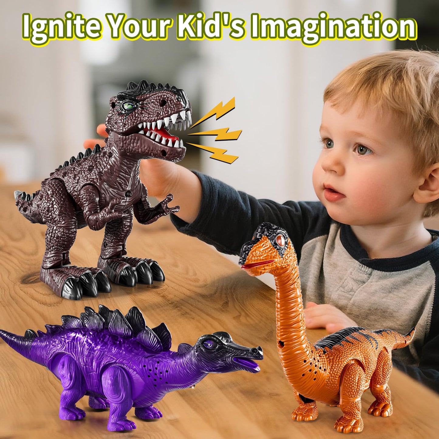 Lucky Doug 3 Pack Electric Realistic Dinosaur Toys with Simulated Sounds & Lights – Ideal Gift for Ages 3-5