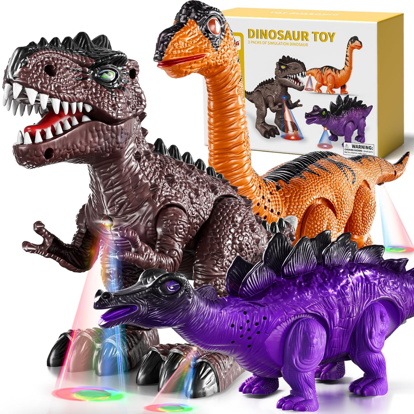 Lucky Doug 3 Pack Electric Realistic Dinosaur Toys with Simulated Sounds & Lights – Ideal Gift for Ages 3-5