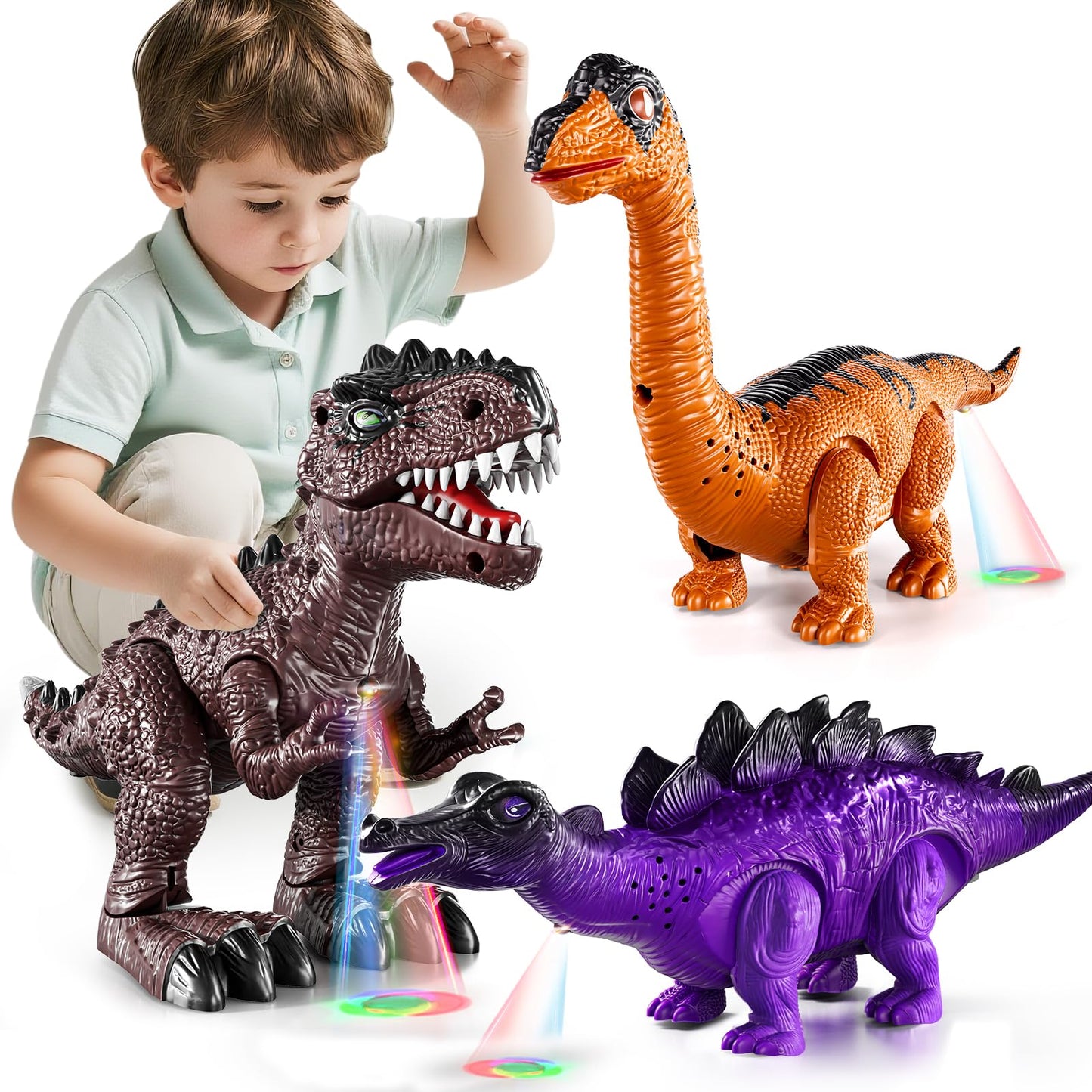 Lucky Doug 3 Pack Electric Realistic Dinosaur Toys with Simulated Sounds & Lights – Ideal Gift for Ages 3-5
