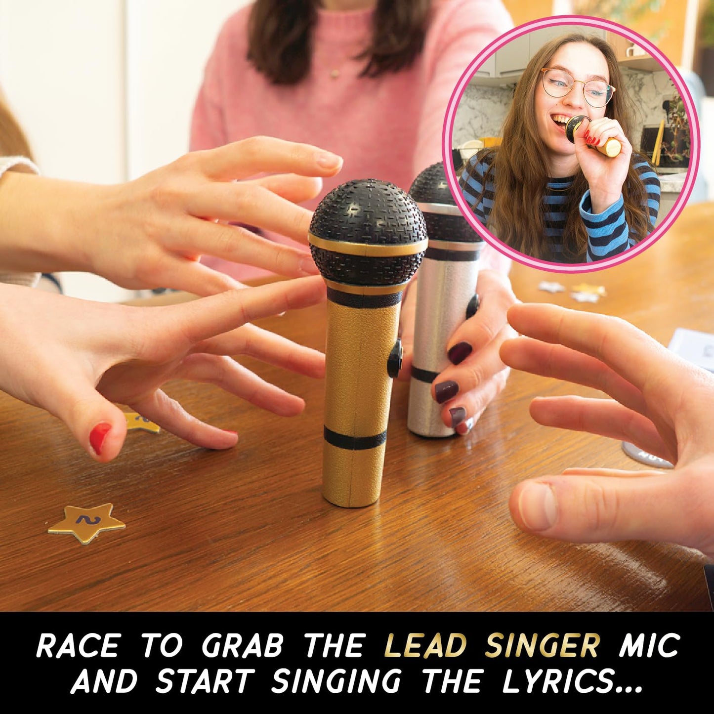 Lucky Egg Grab The Mic Duets – Family Karaoke Board Game with 2 Mics (2–10 Players, 150 Cards, 300 Lyrics)