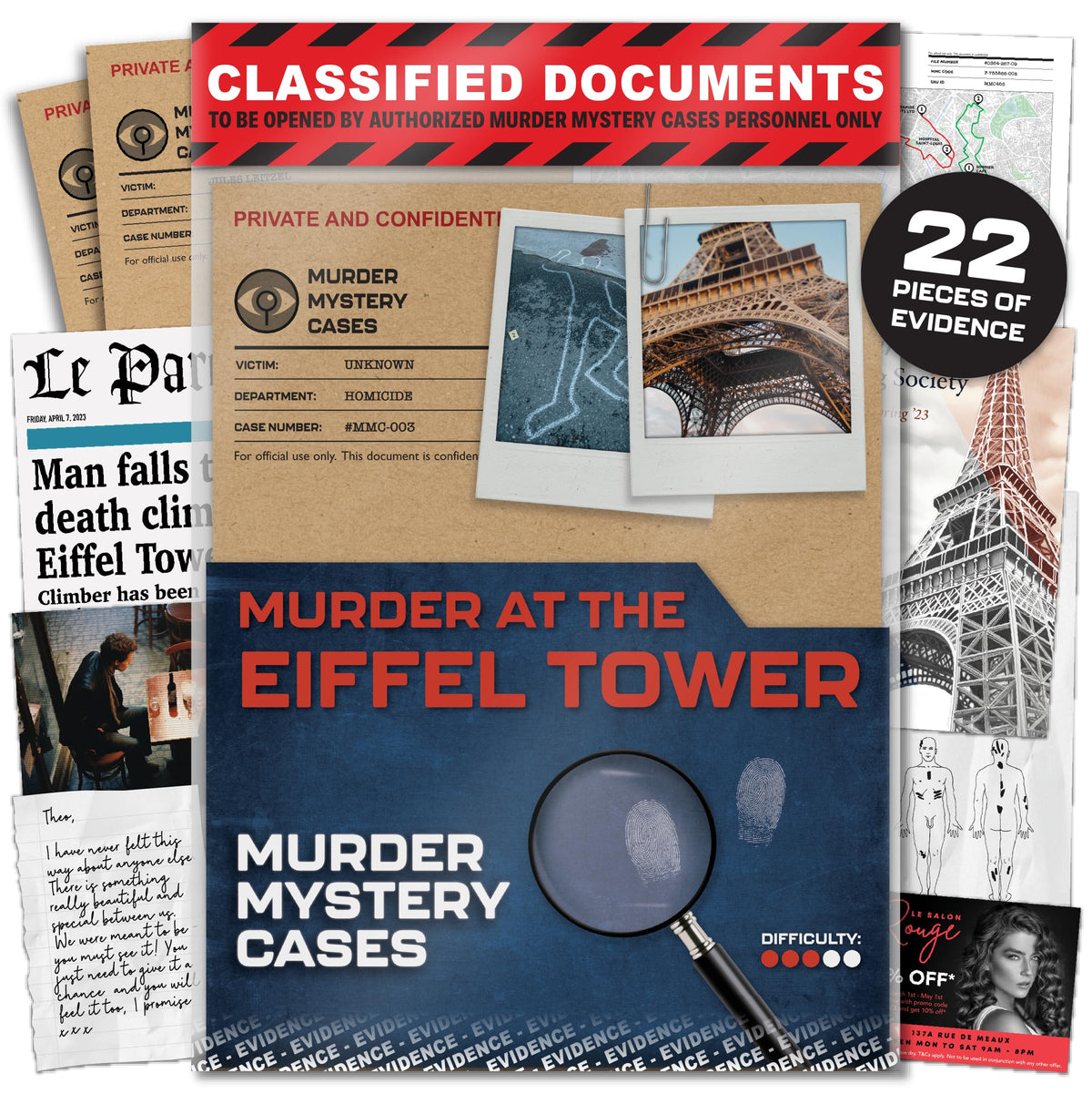 Lucky Egg MMC Death in The Eiffel Tower – Paris Murder Mystery for Adults | 150 Min | 22 Evidence Pieces