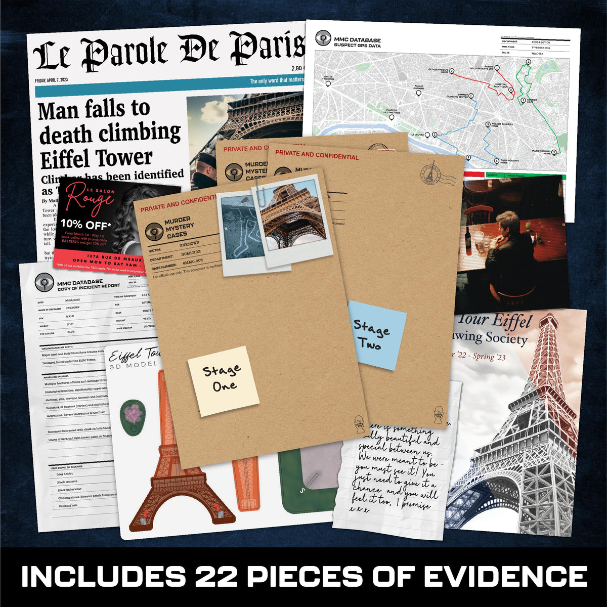Lucky Egg MMC Death in The Eiffel Tower – Paris Murder Mystery for Adults | 150 Min | 22 Evidence Pieces
