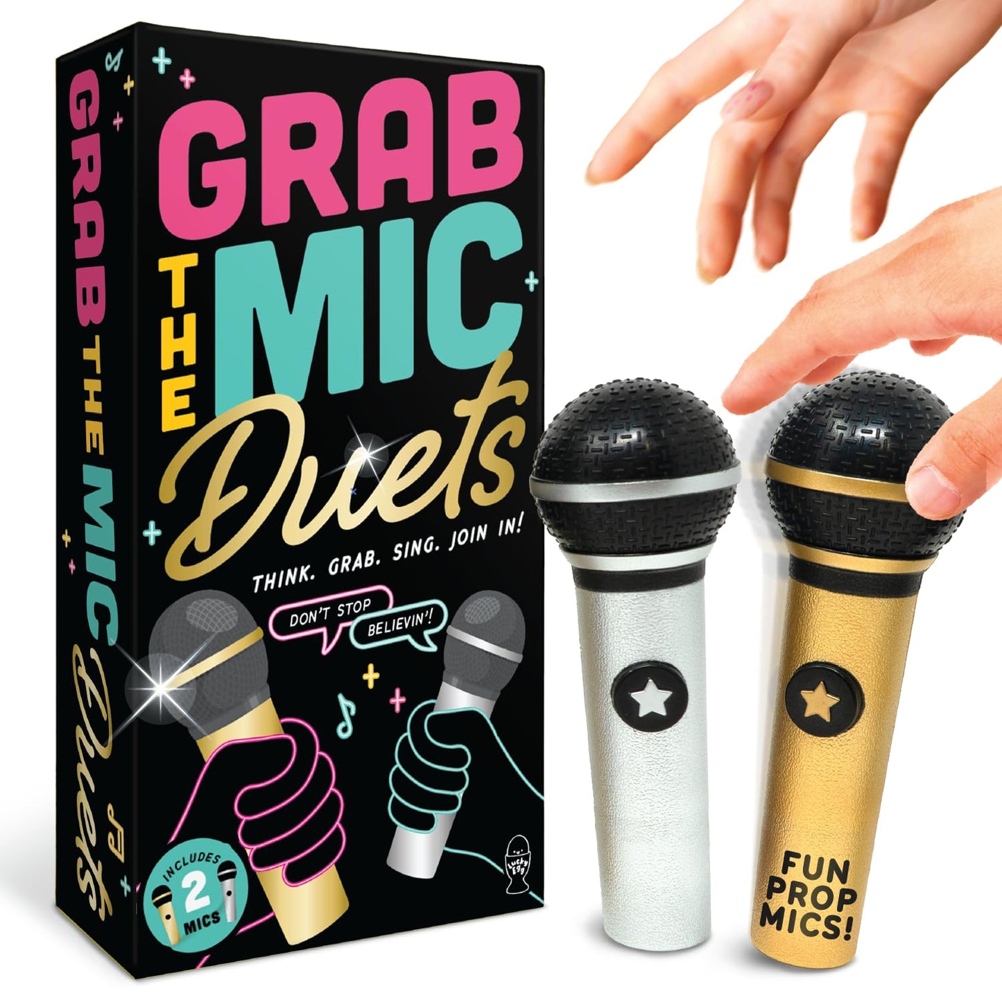 Lucky Egg Grab The Mic Duets – Family Karaoke Board Game with 2 Mics (2–10 Players, 150 Cards, 300 Lyrics)