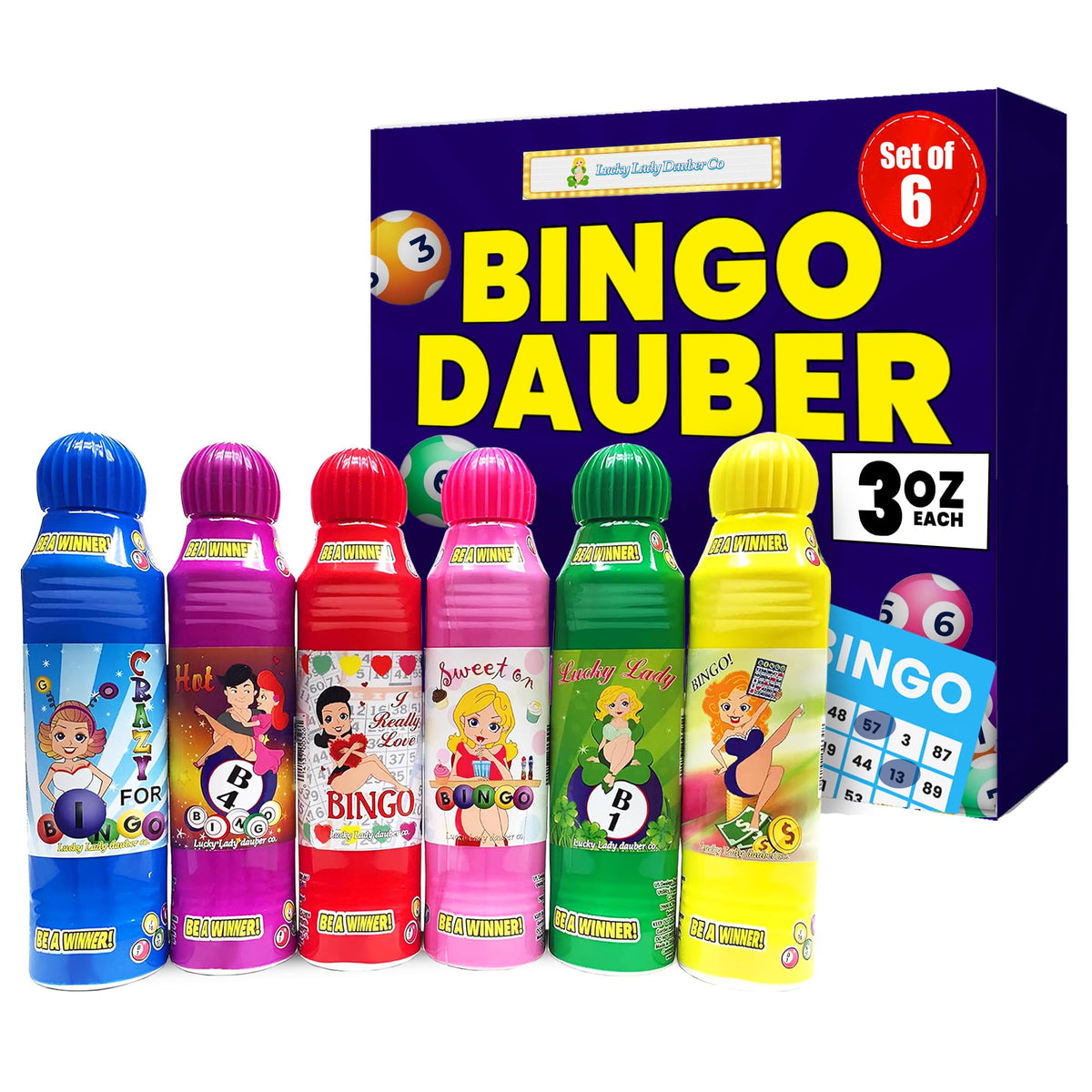 Lucky Lady Bingo Daubers for Adults – 6-Pack Colorful Markers with Dab-O-Ink