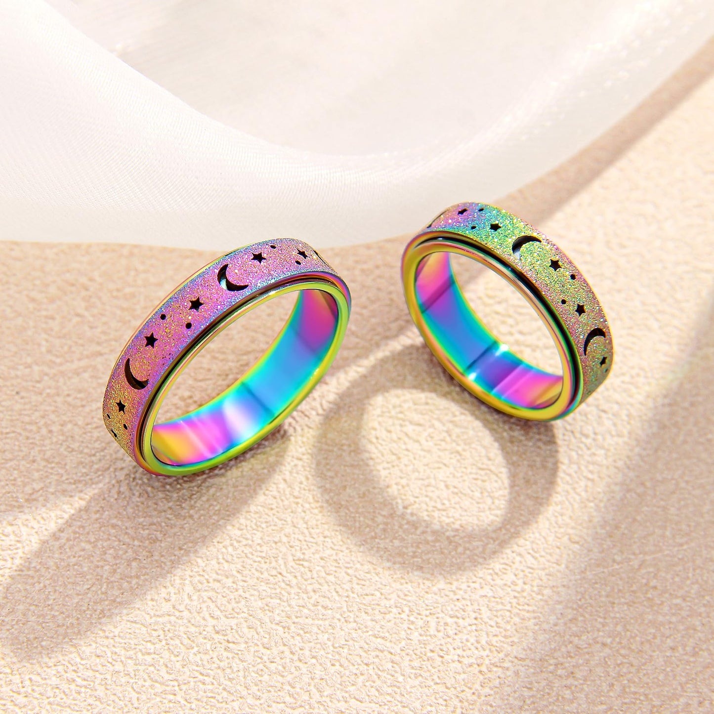 LuckyAmor Anxiety Ring for Women — Spinner Ring, Stainless Steel Moon & Star, 6mm Band, Gift