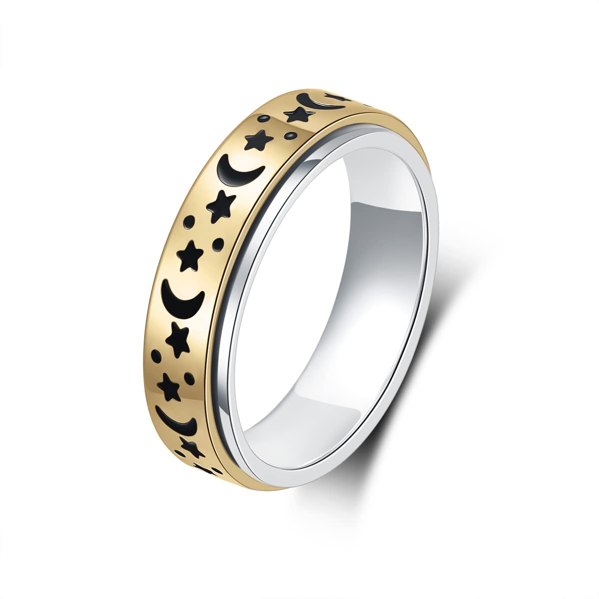 LuckyAmor Anxiety Ring - Stainless Steel Spinner Ring for Women (Moon & Star, 6mm) Sizes 5-11