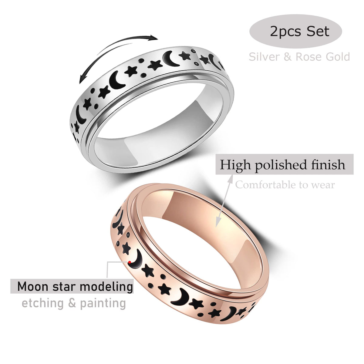 LuckyAmor Anxiety Ring for Women – Spinner Ring in Stainless Steel, 6mm Moon & Star, Size 5-11