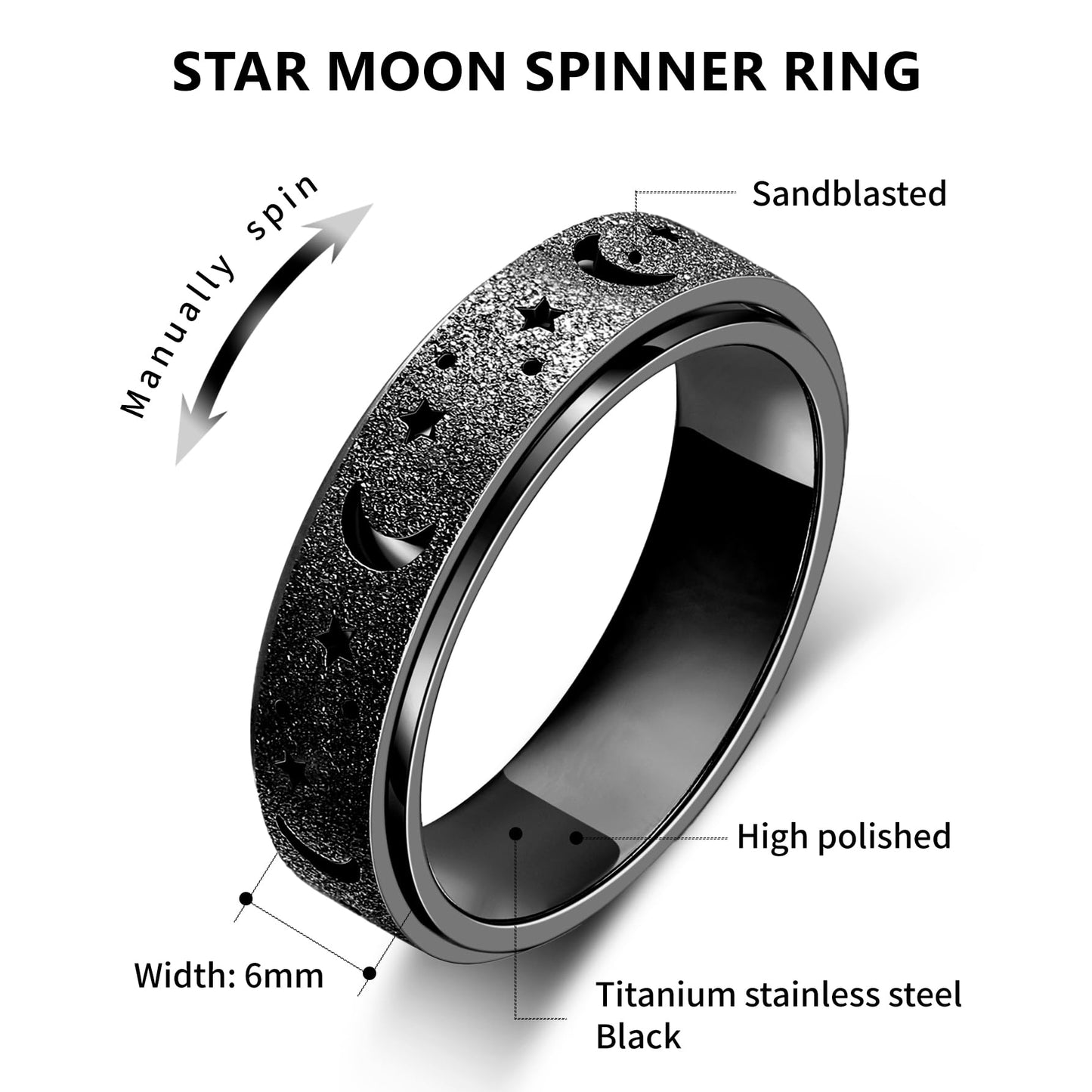LuckyAmor Anxiety Ring for Women | Moon Star Spinner Ring, Stainless Steel, 6mm Band, Gift for Women (Sizes 6-10)