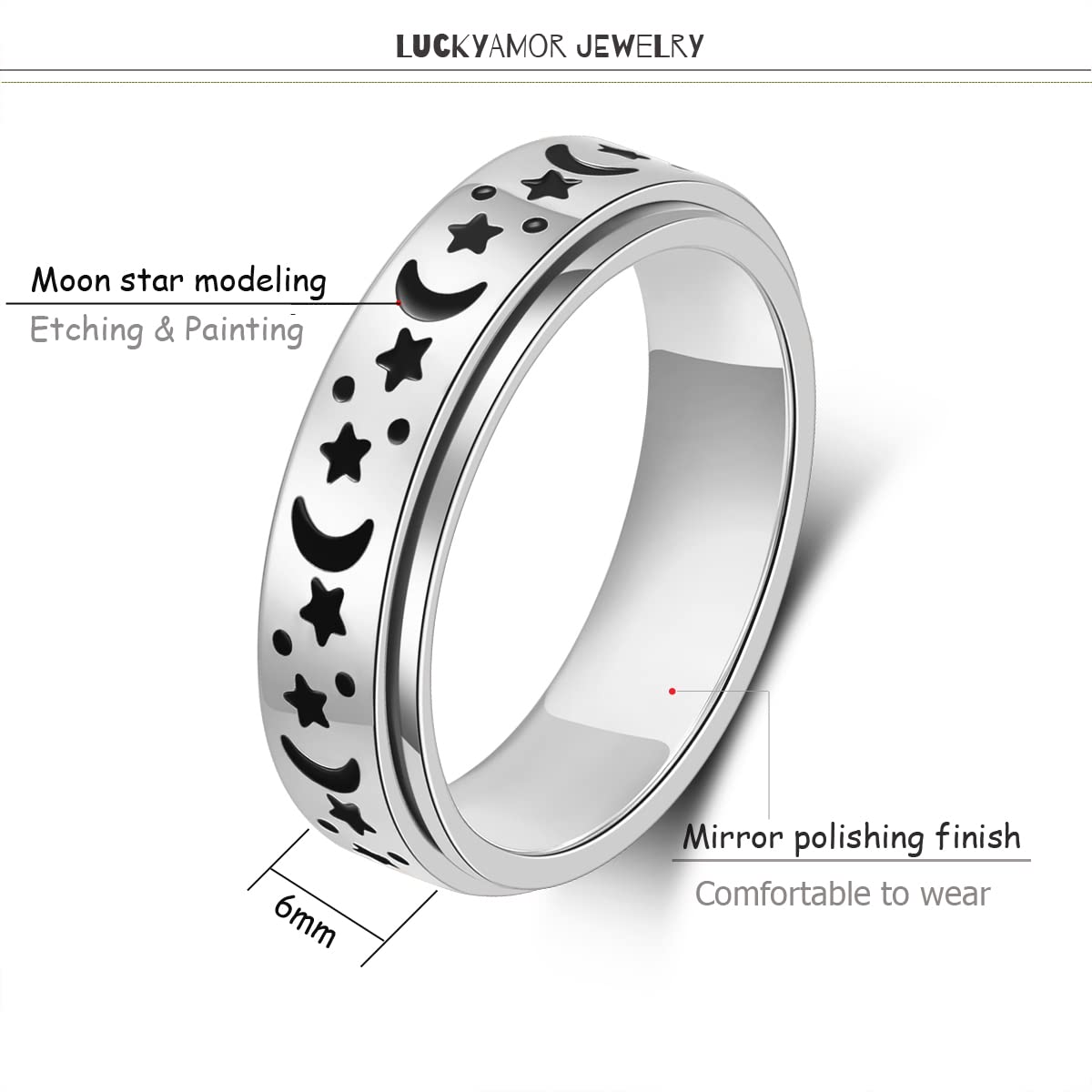 LuckyAmor Anxiety Ring – Moon Star Spinner, Stainless Steel, 6mm Band (Sizes 6–10)