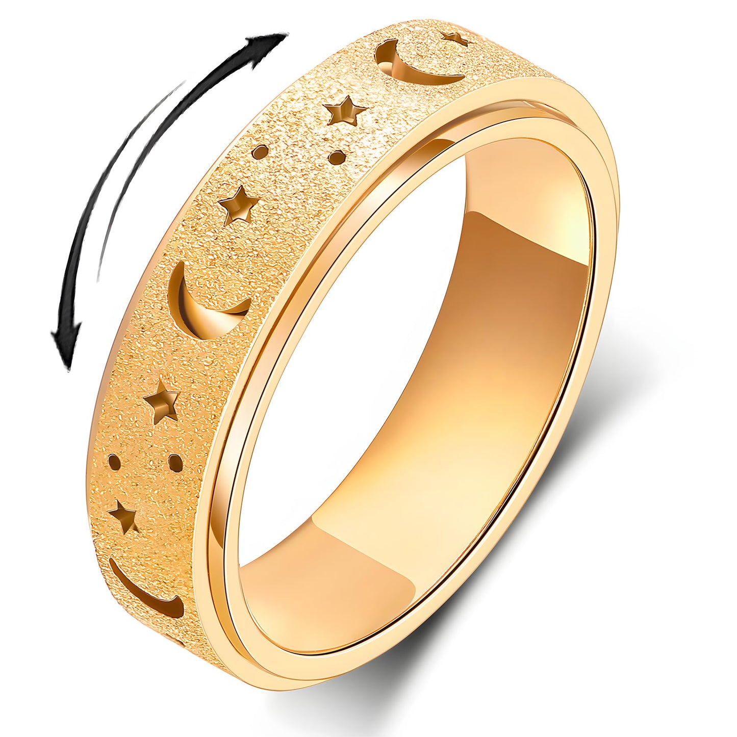 LuckyAmor Moon & Star Anxiety Spinner Ring – Stainless Steel, 6mm (Women)