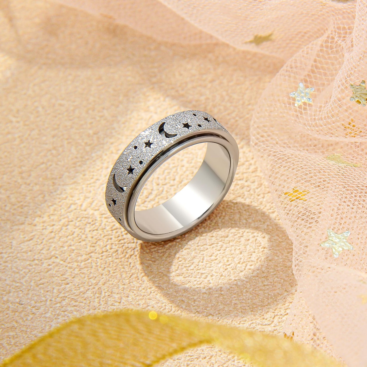 LuckyAmor Anxiety Ring for Women — Spinner Stainless Steel Moon & Star 6mm, Sizes 5–11
