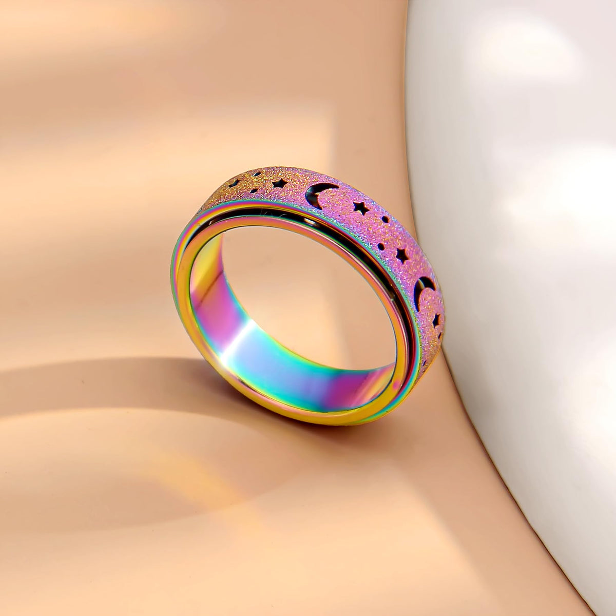 LuckyAmor Anxiety Ring for Women & Men – 6mm Stainless Steel Moon & Star Spinner Ring
